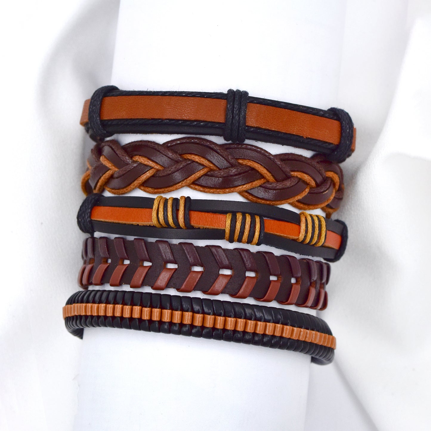 5 Pack Tan PU Leather, Weaved & Plaited Bracelet Pack