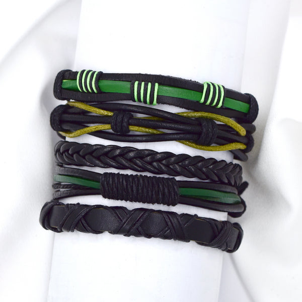 5 Pack Black & Green PU Leather, Weaved & Plaited Bracelet Pack